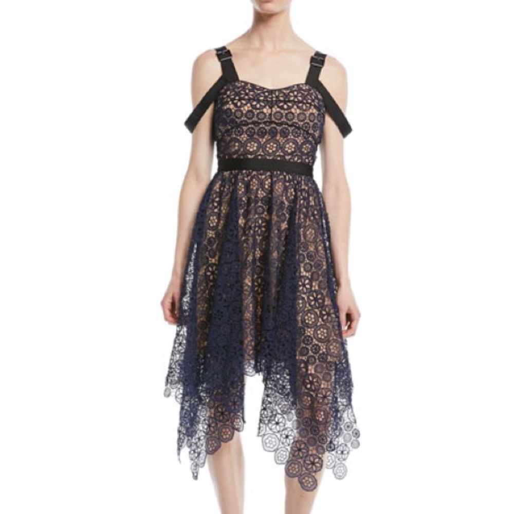 Self-portrait Asymmetric Floral Lace Midi Cocktail Dress